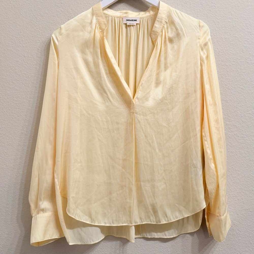 Zadig & Voltaire Tink Satin Blouse Butter Yellow V-Neck Long Sleeve XS